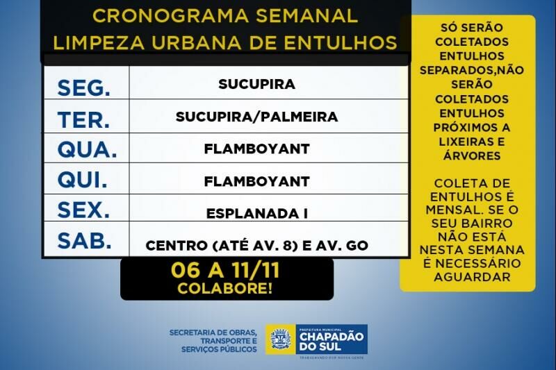 Imagem de compartilhamento para o artigo Confira o cronograma de limpeza semanal de Chapadão do Sul e veja quando descartar entulhos da MS Todo dia